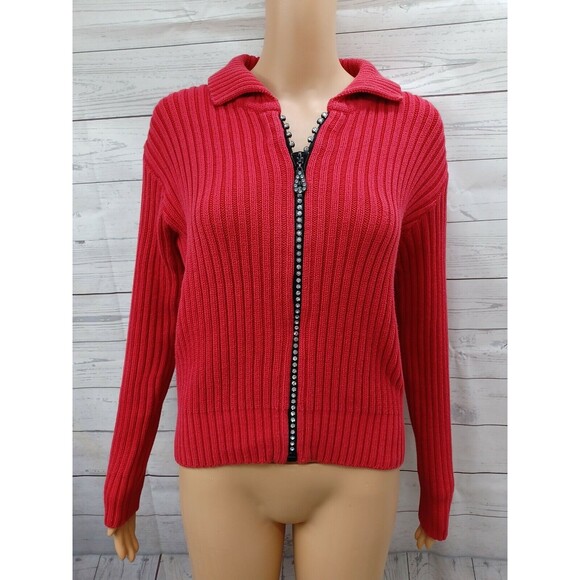 Vintage Von Saken Sweater Cardigan S Red Crystal Zipper Ribbed Bling USA Glam - Picture 1 of 9